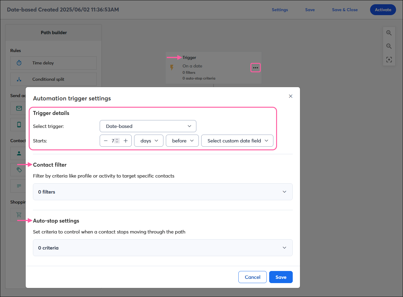 Automation Path Builder with calendar date-based trigger step, Trigger details overlay with Trigger details section and Date-based trigger selected with 7 days before select custom date field option selected
