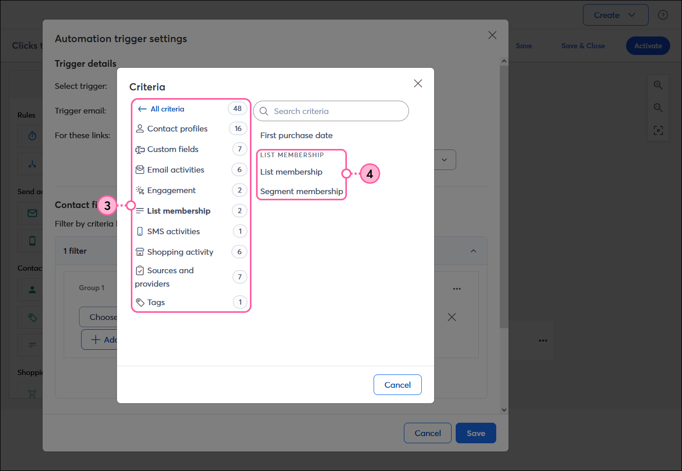 Superposición Automation trigger settings (Configuración del activador de automatización) con superposición de Criteria (Criterios) encima, All criteria options (Todas las opciones de criterios) con la opción List membership (Membresía de lista) seleccionada y opciones de List membership criteria (Criterios de membresía de lista)