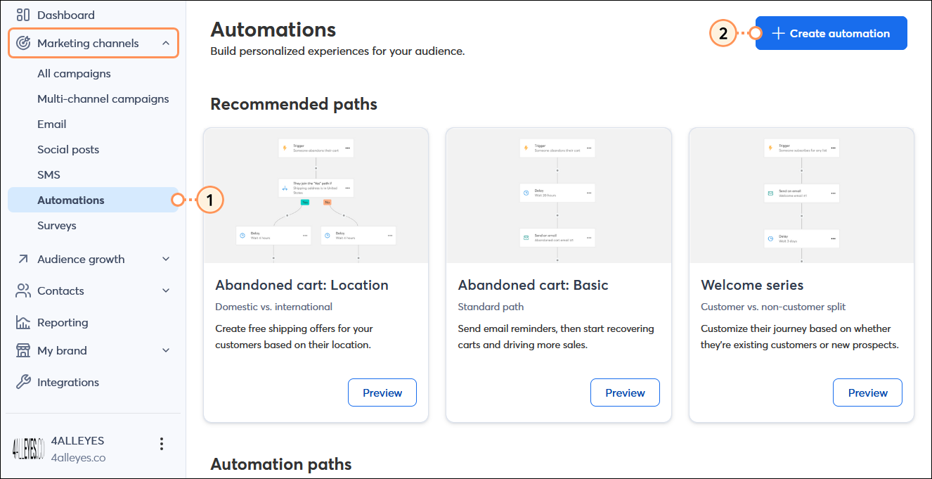 Marketing menu expanded and Automations option selected, and Automations dashboard with + Create an automation path button