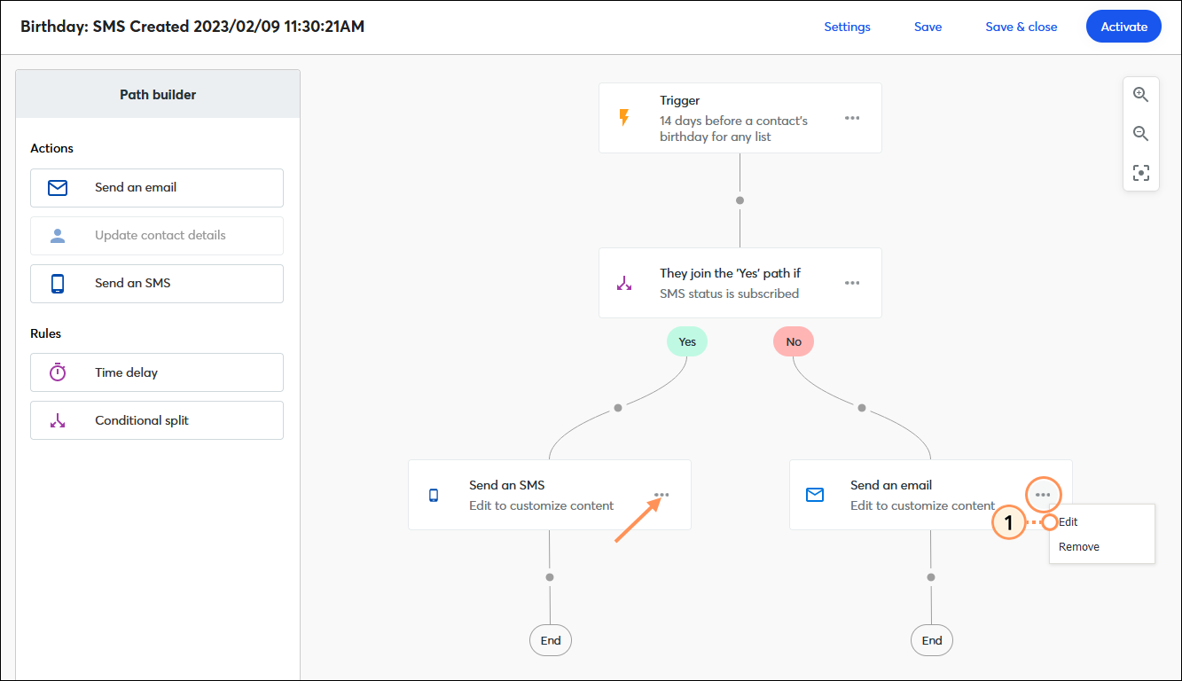 Automations Path Builder with Birthday SMS path, Send an email action with menu expanded and Edit option