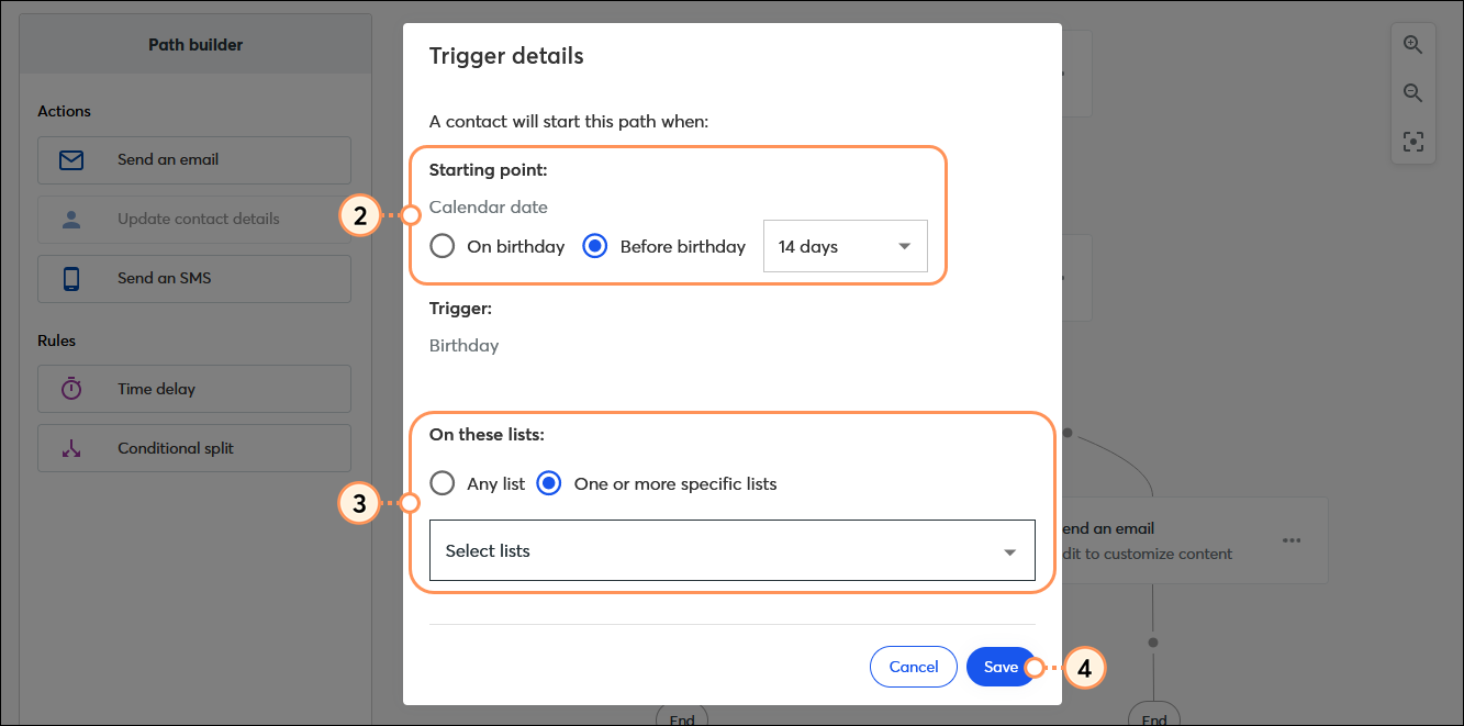 Trigger details overlay with Starting point birthday options, list options, and Save button