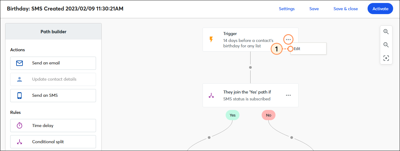 Birthday Automation Path Builder with Trigger step, menu expanded, and Edit option
