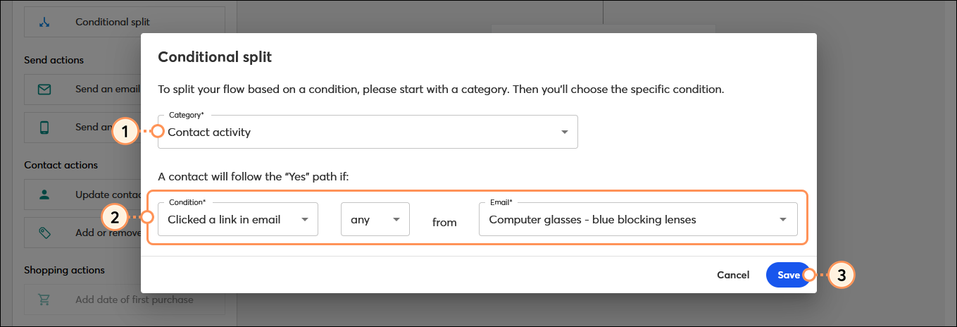 Conditional split overlay with Contact activity Category selected, Clicked a link in email Condition selected, email selected, and Save button