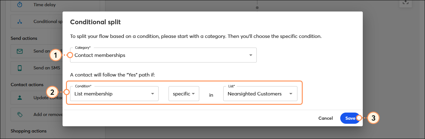 Conditional split overlay with Contact activity Category selected, Clicked a link in email Condition selected, email selected, and Save button