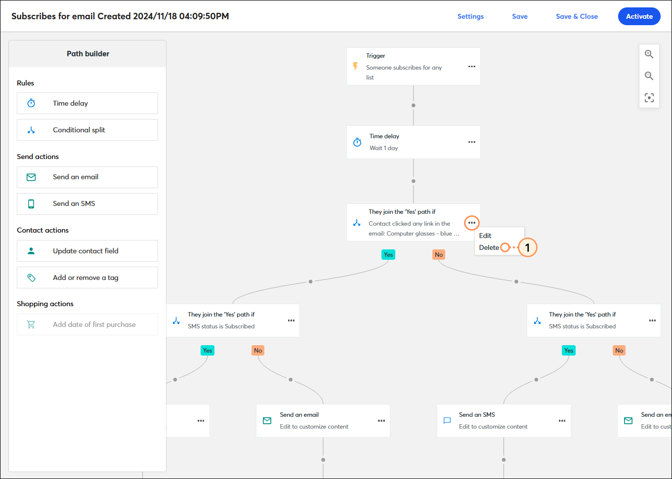 Automation Path Builder with They join the Yes path if step menu expanded and Remove option selected