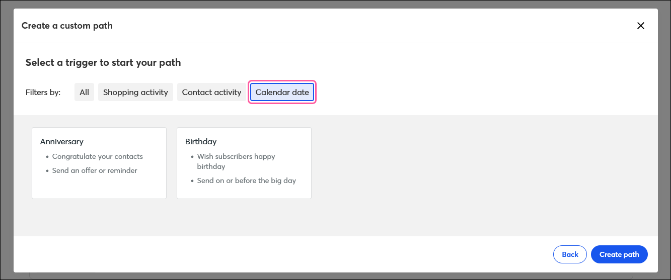 Create a custom path overlay with trigger options, and Calendar date filter option selected, with Anniversary and Birthday options