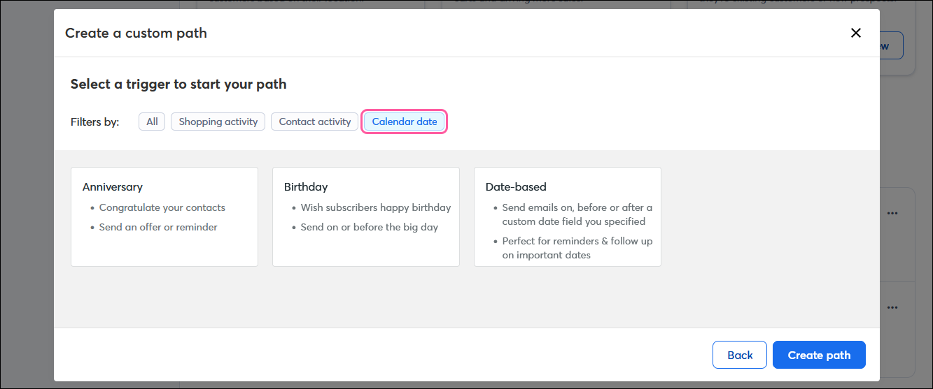 Create a custom path overlay with trigger options, and Calendar date filter option selected, with Anniversary, Birthday, and Date-based options