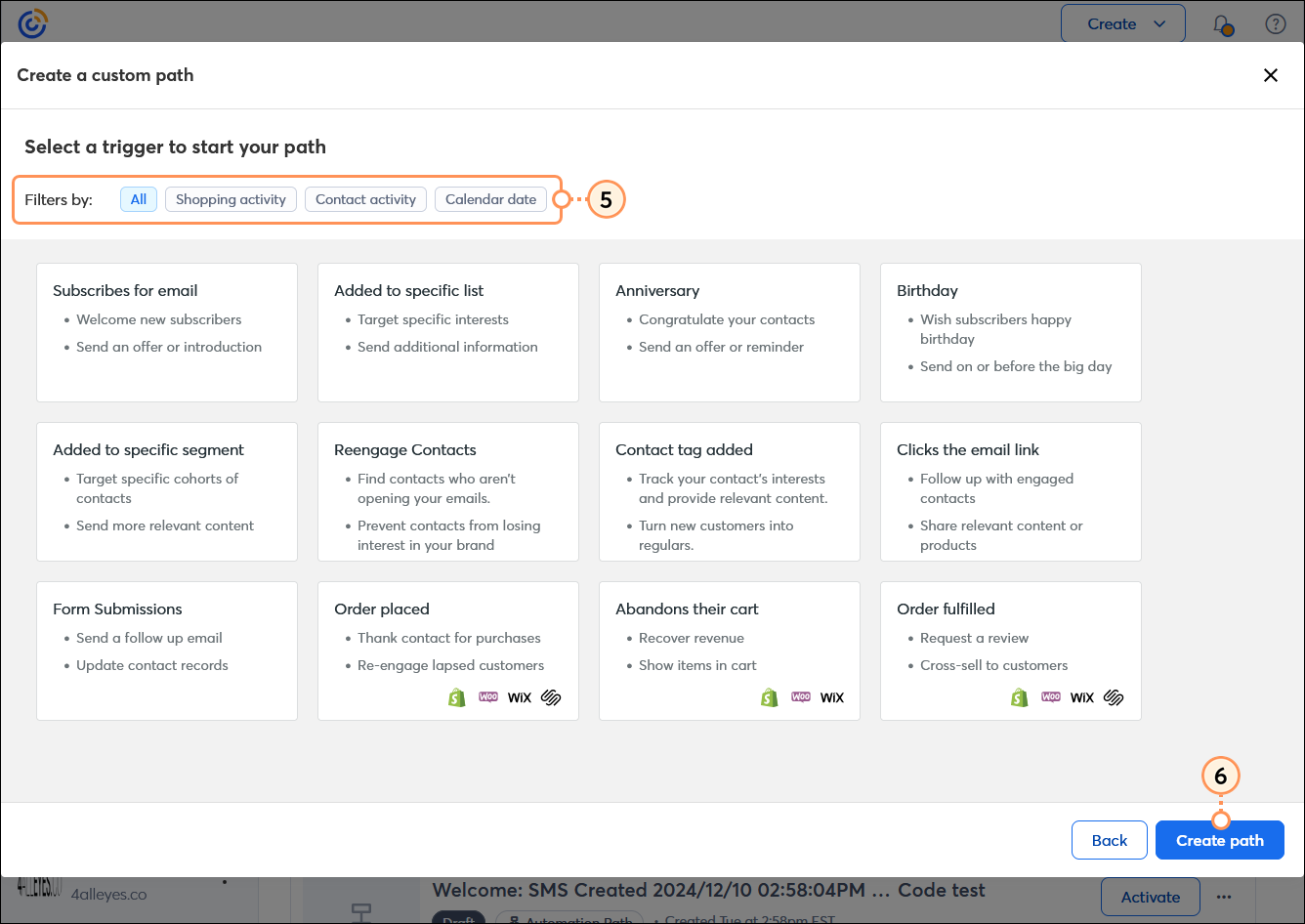 Create a custom path overlay with All filter selected and trigger options, and Create path button