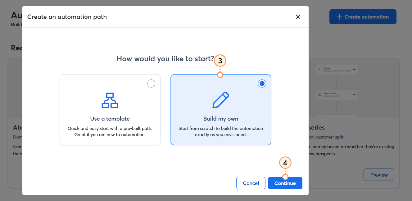 Create and automation path overlay with choose a path options and Customize a path option selected, and Start button