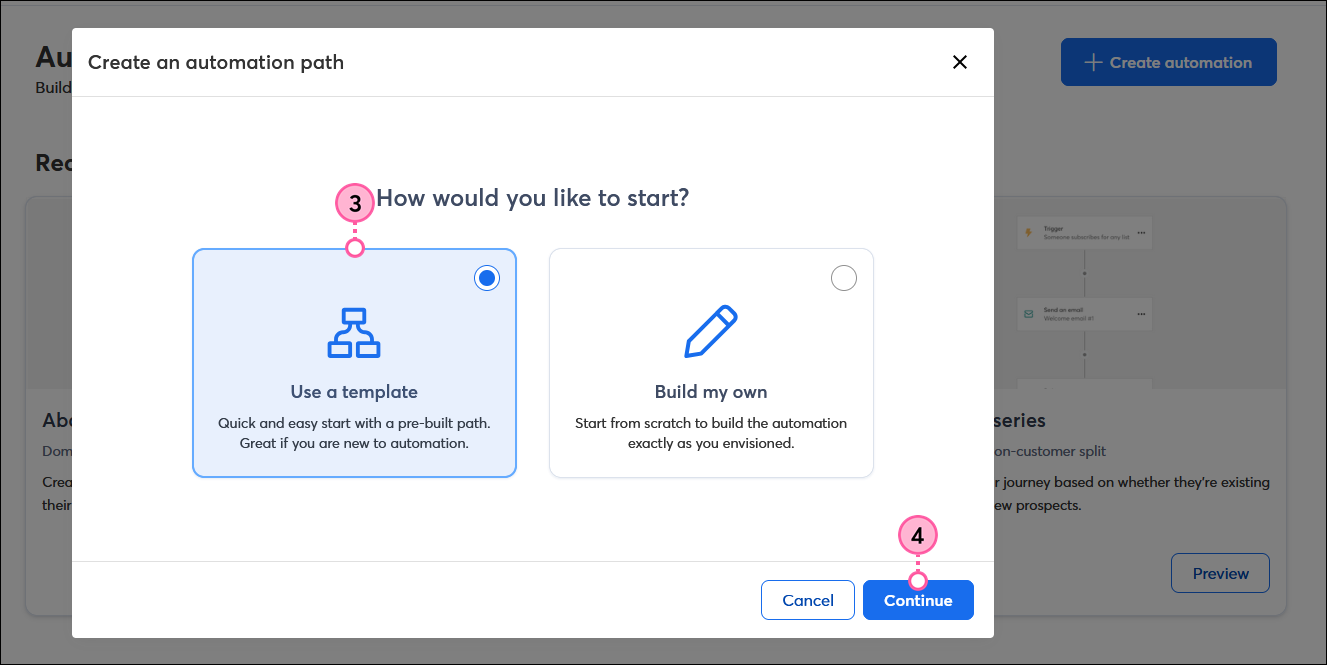 Create an automation path overlay with path options and Use a template option selected, and Start button
