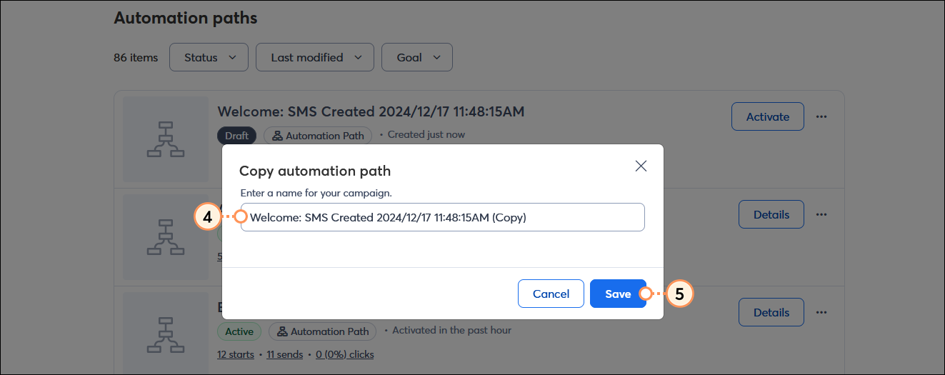 Copy automation path overlay with enter a name for your campaign field and Save button