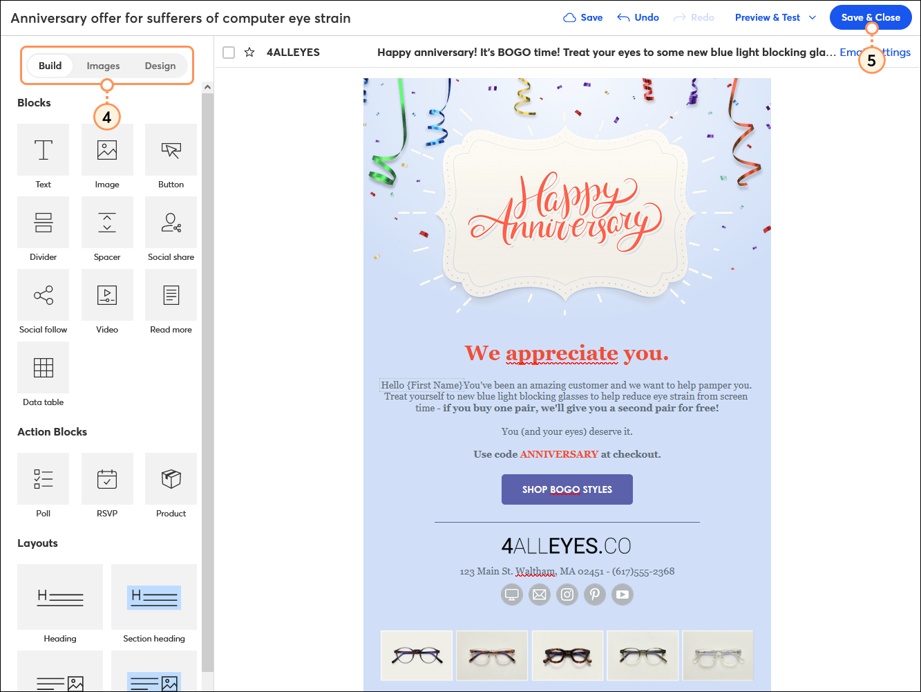 Email editor with anniversary content and Save and Close button
