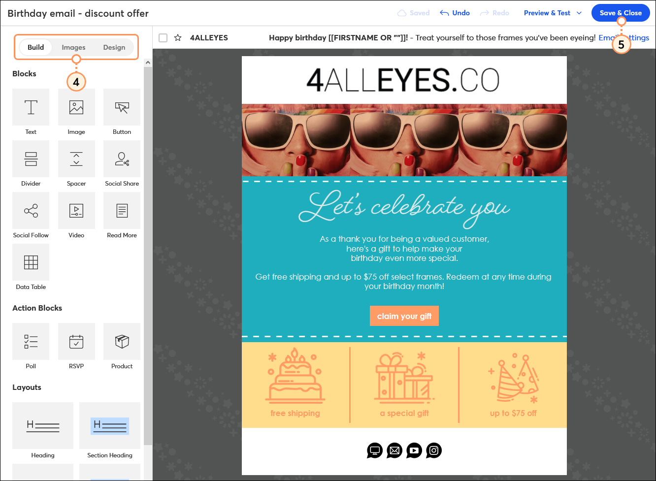 Email editor with Build tab selected, birthday email content, and Save & Close button