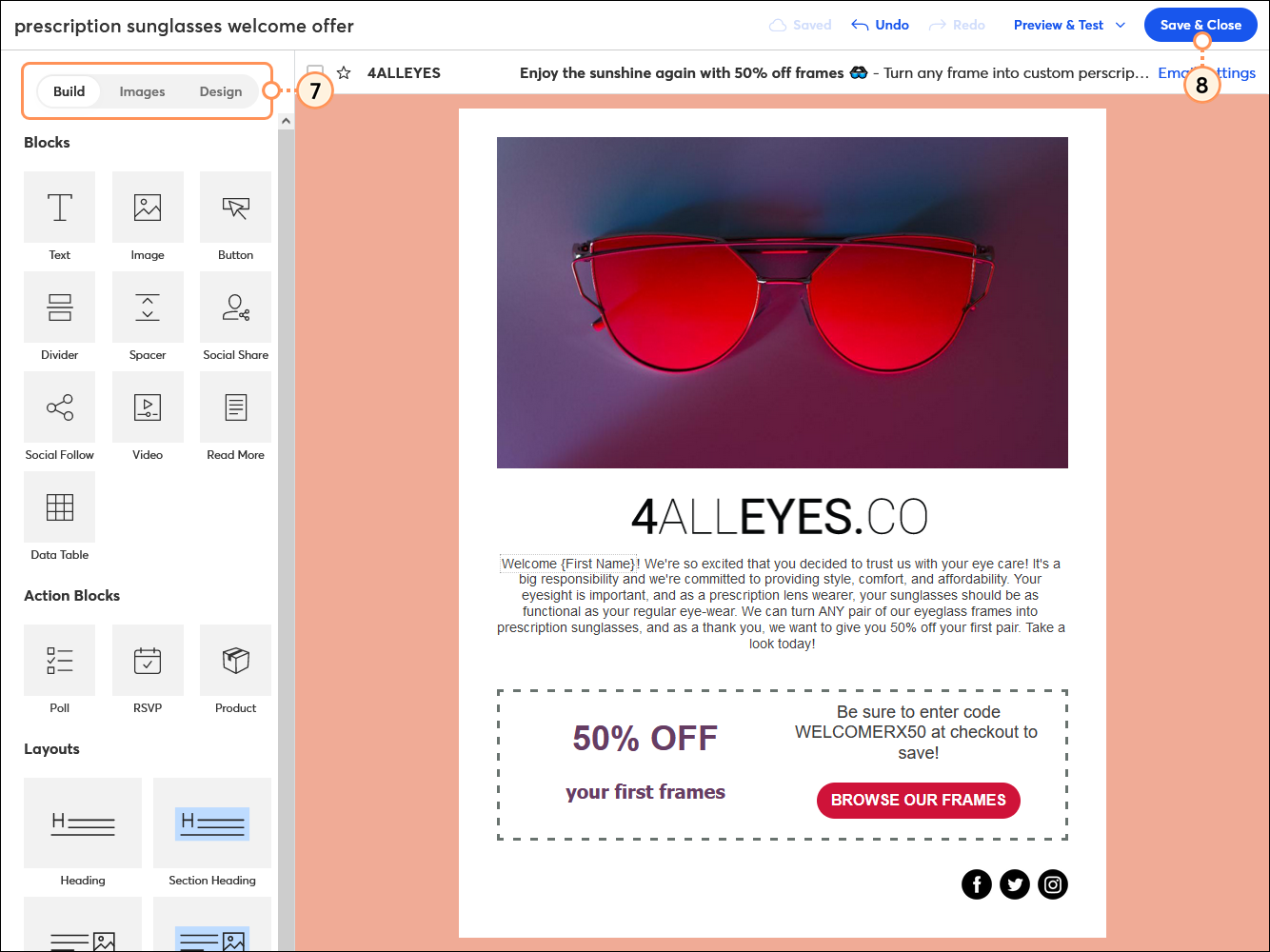 Email editor with Build tab selected, welcome email content, and Save & Close button