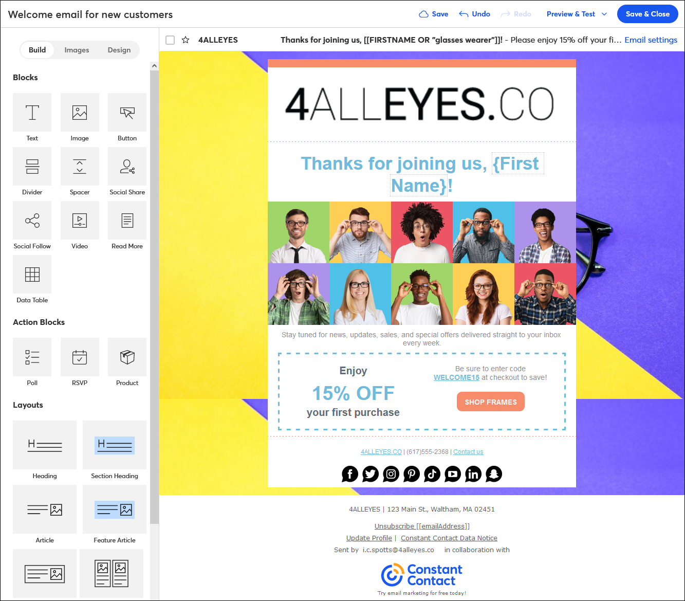 Email editor with Build tab selected and template with Welcome email content