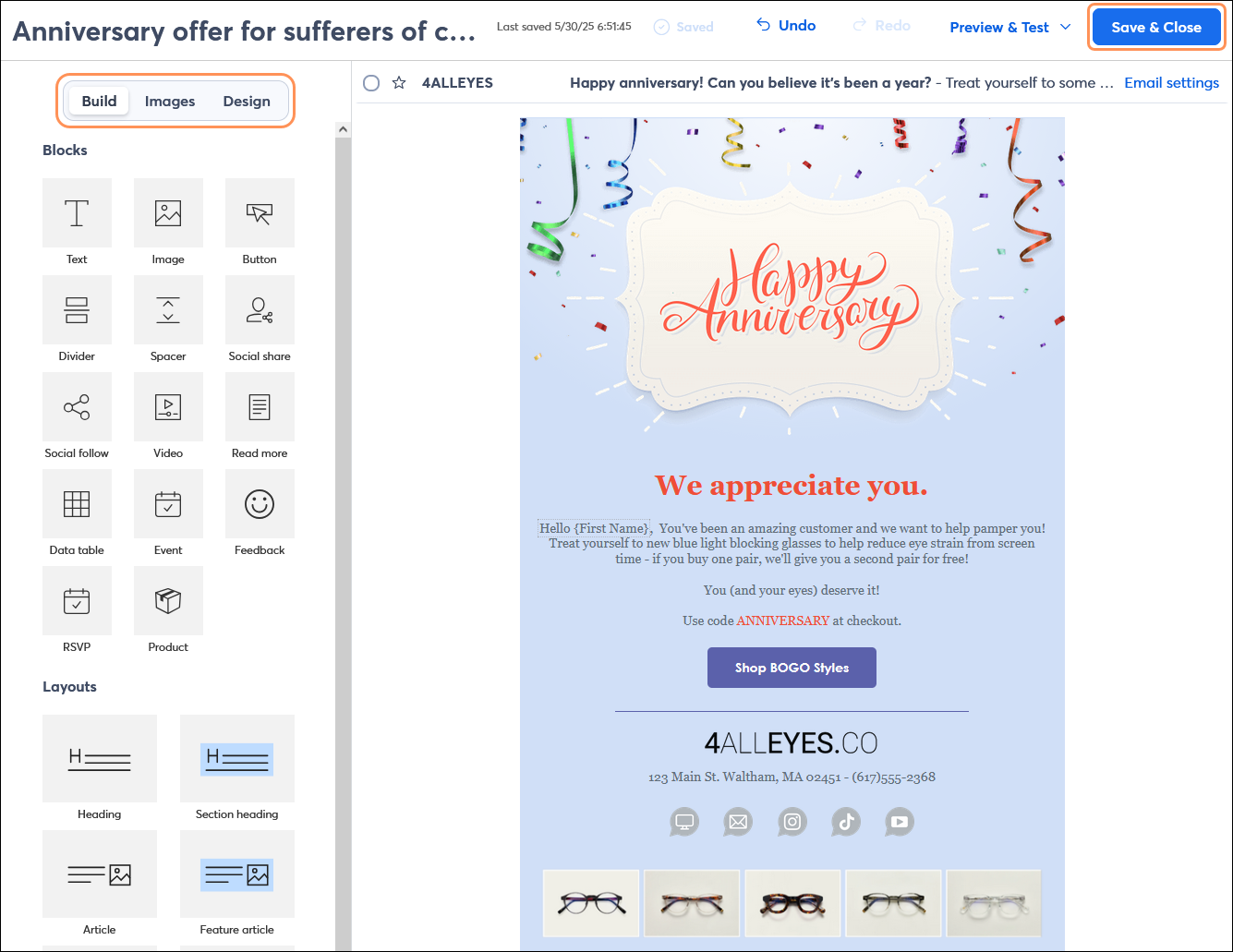 Email editor with anniversary content and Save and Close button