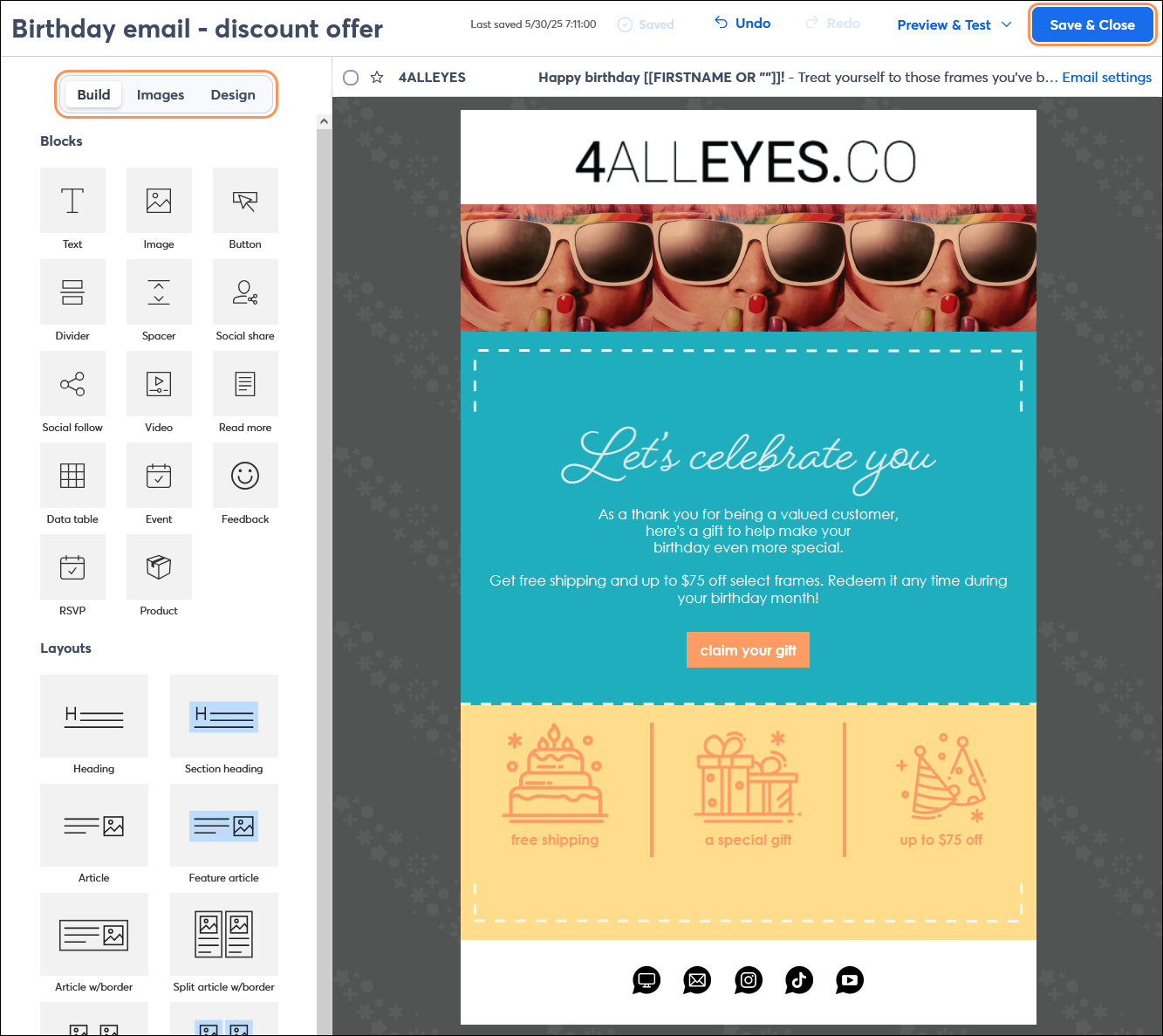 Email editor with Build tab selected, birthday email content, and Save & Close button