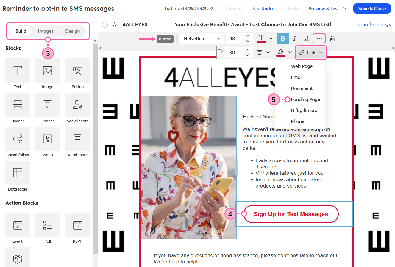 Email editor with Button toolbar, ... menu expanded, Link option selected, and Landing Page option selected