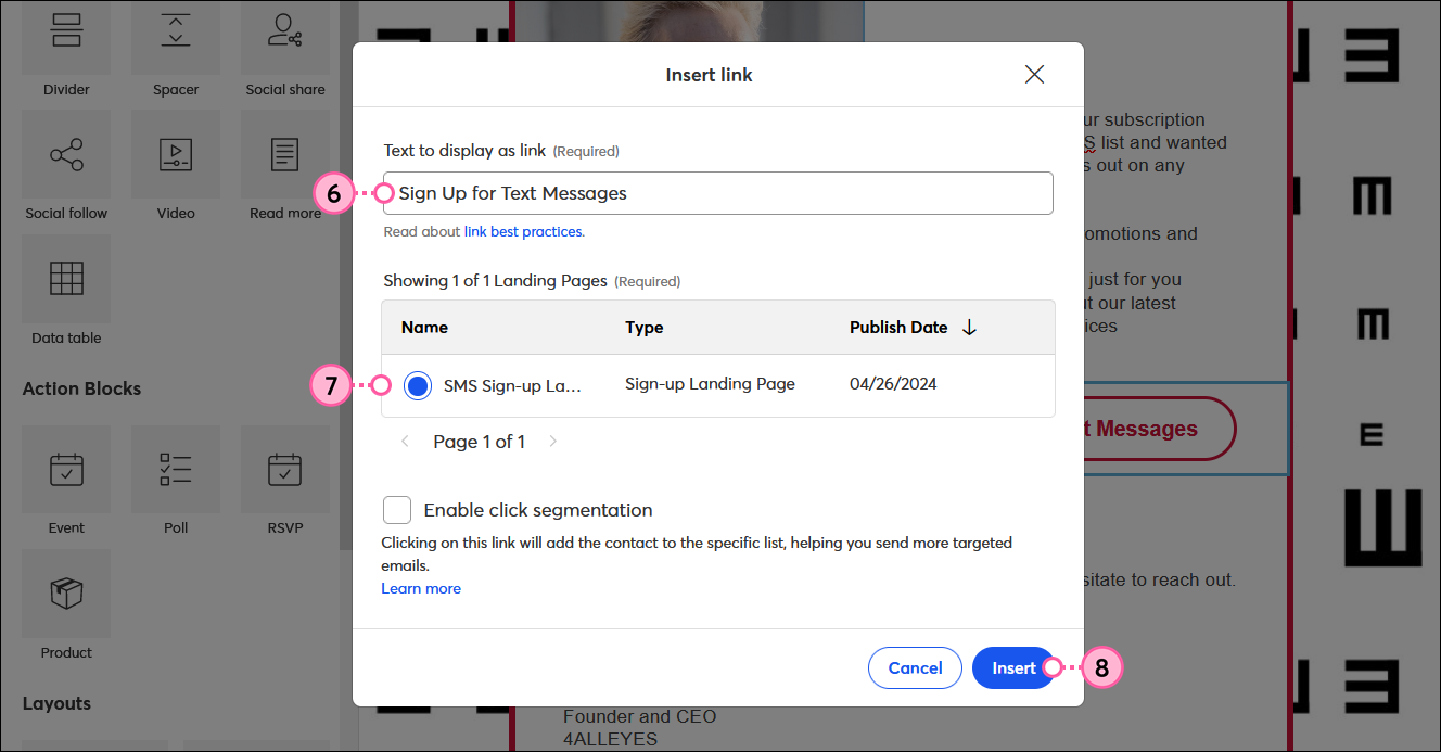 Insert link overlay with Text to display as link field, Landing Pages options with SMS-Sign-up Landing Page option selected, and Insert button