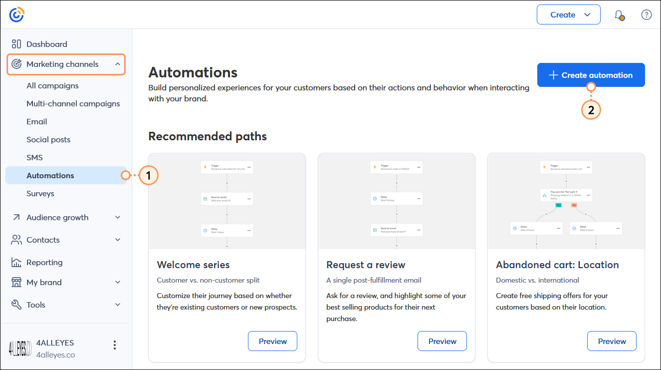 Menú de Marketing expandido y la opción Automations (Automatizaciones) seleccionada y panel Automations (Automatizaciones) con botón + Create an automation path (+ Crear una ruta de automatización)