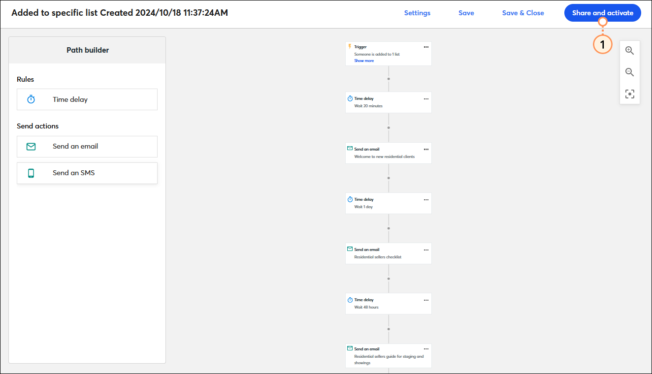 Automation Path Builder with complete path and Share and activate button