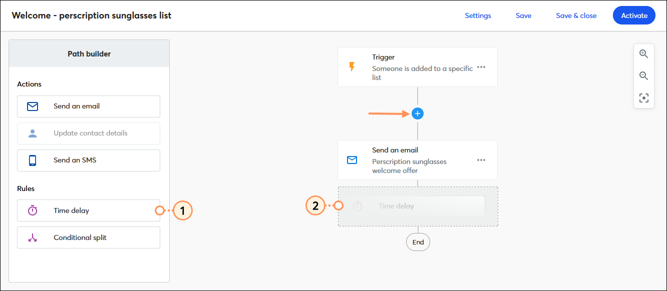 Automation Path Builder, Rules section and Time delay option, and drag-and-drop Time delay into path