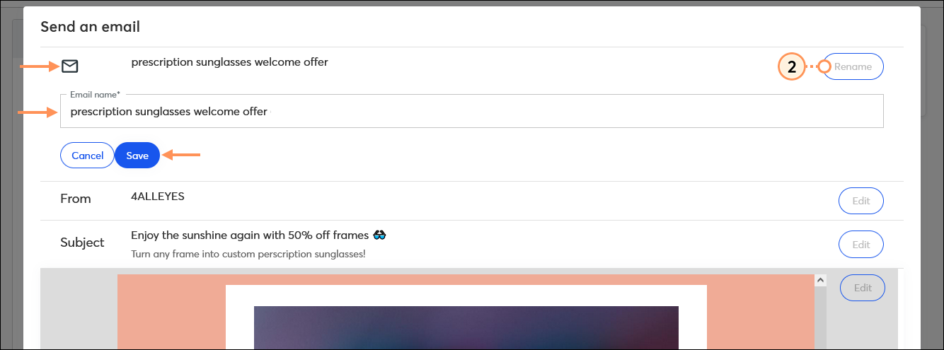 Send an email overlay with Email section expanded and Rename button, Email name field, and Save button