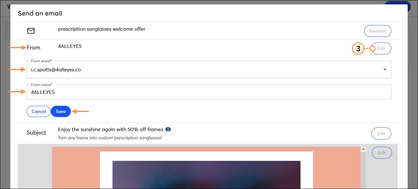 Send an email overlay with From section Edit button and section expanded, From email drop-down menu, From name field, and Save button
