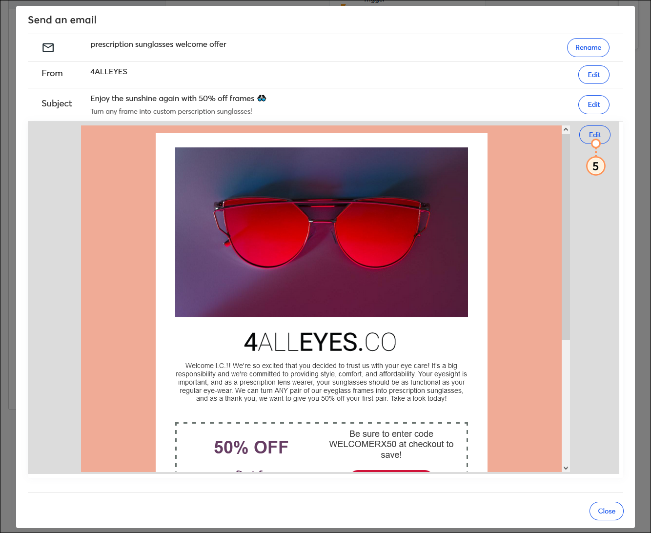 Send an email overlay with email preview and edit button
