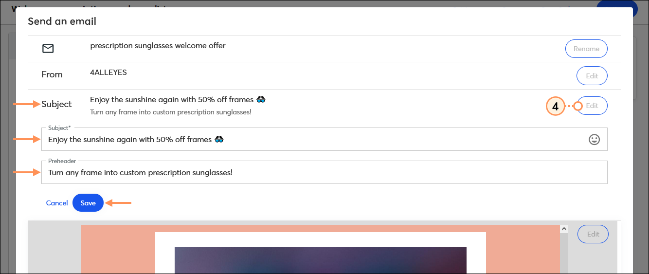Send an email overlay with Subject section Edit button and section expanded, Subject field with Emoji option, Preheader field, and Save button