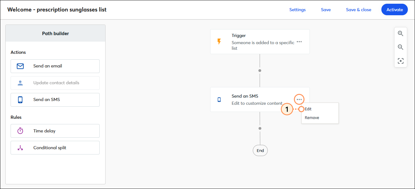 Automation Path Builder (Generador de rutas automatizadas), paso Send an SMS (Enviar un mensaje de SMS) con el menú ampliado y la opción Edit (Editar) seleccionada