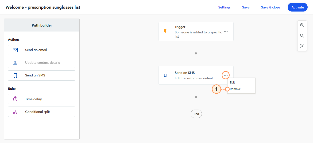 Automation Path Builder (Generador de rutas automatizadas) con el paso Send an SMS (Enviar un SMS) en la ruta, y el menú Send an email (Enviar un correo electrónico) ampliado con la opción Remove (Quitar) seleccionada