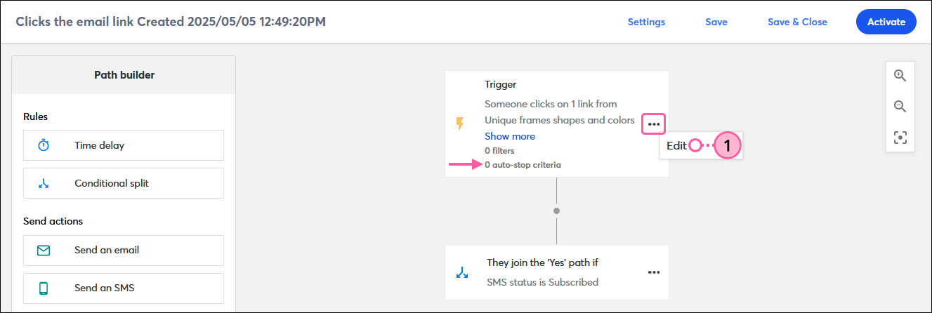 Automation path builder trigger step with 0 auto-stop criteria and menu expanded and Edit option selected