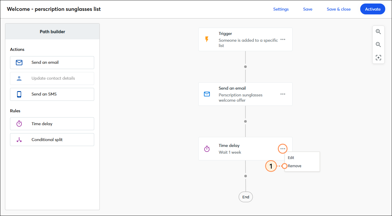 Automation Path Builder with time delay step in the path, and time delay menu expanded with Remove option selected