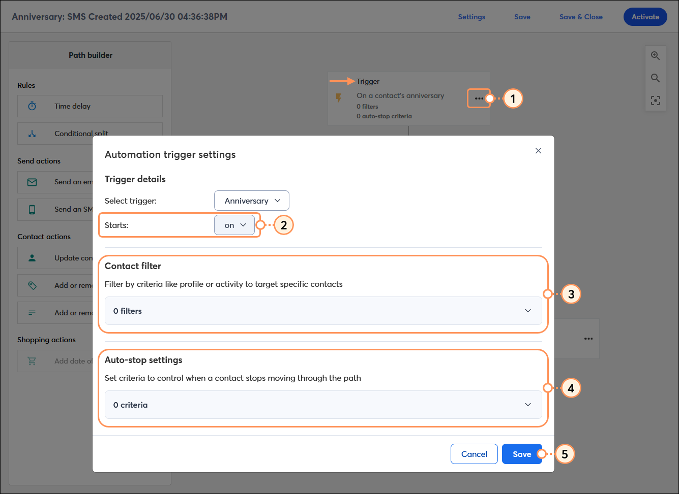 Automation Path Builder with Trigger step and menu option, Automation trigger settings overlay with Starts options, Contact filter option, Auto-stop settings option, and Save button