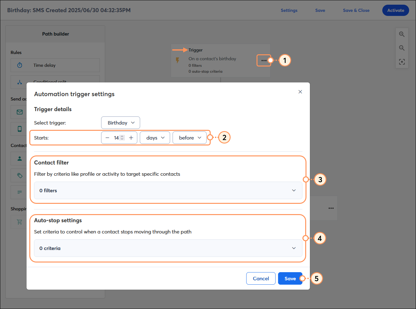 Automation Path Builder with Trigger step and menu option, Automation trigger settings overlay with Birthday trigger selected, Starts options, Contact filter option, Auto-stop settings option, and Save button