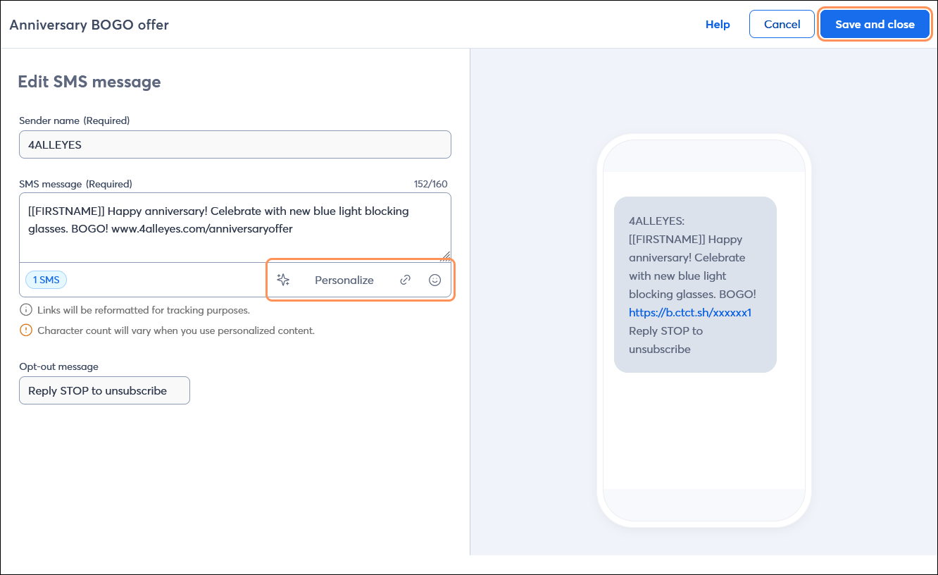 SMS message editor with Anniversary content and Save and close button