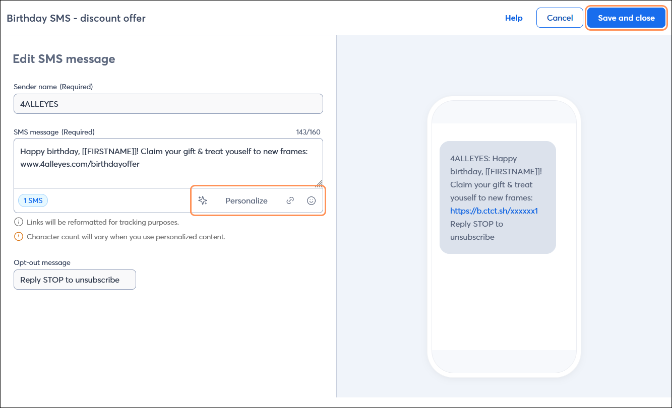 SMS message editor SMS message field with welcome message content and Save and close button