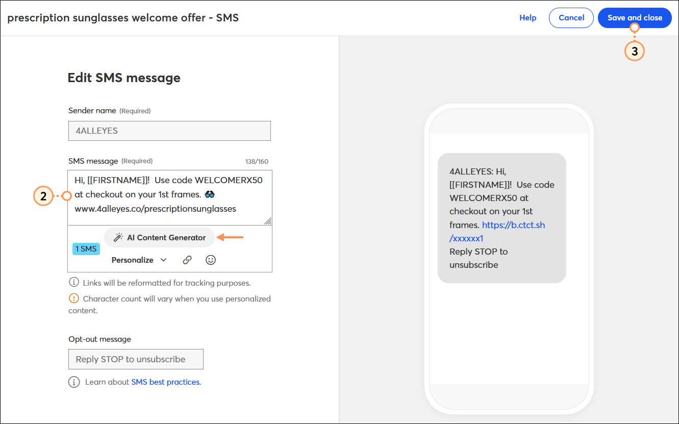 Editor de SMS con campo SMS message (mensaje de SMS) y contenido de muestra que incluye un primer nombre personalizado, un emoji y una URL
