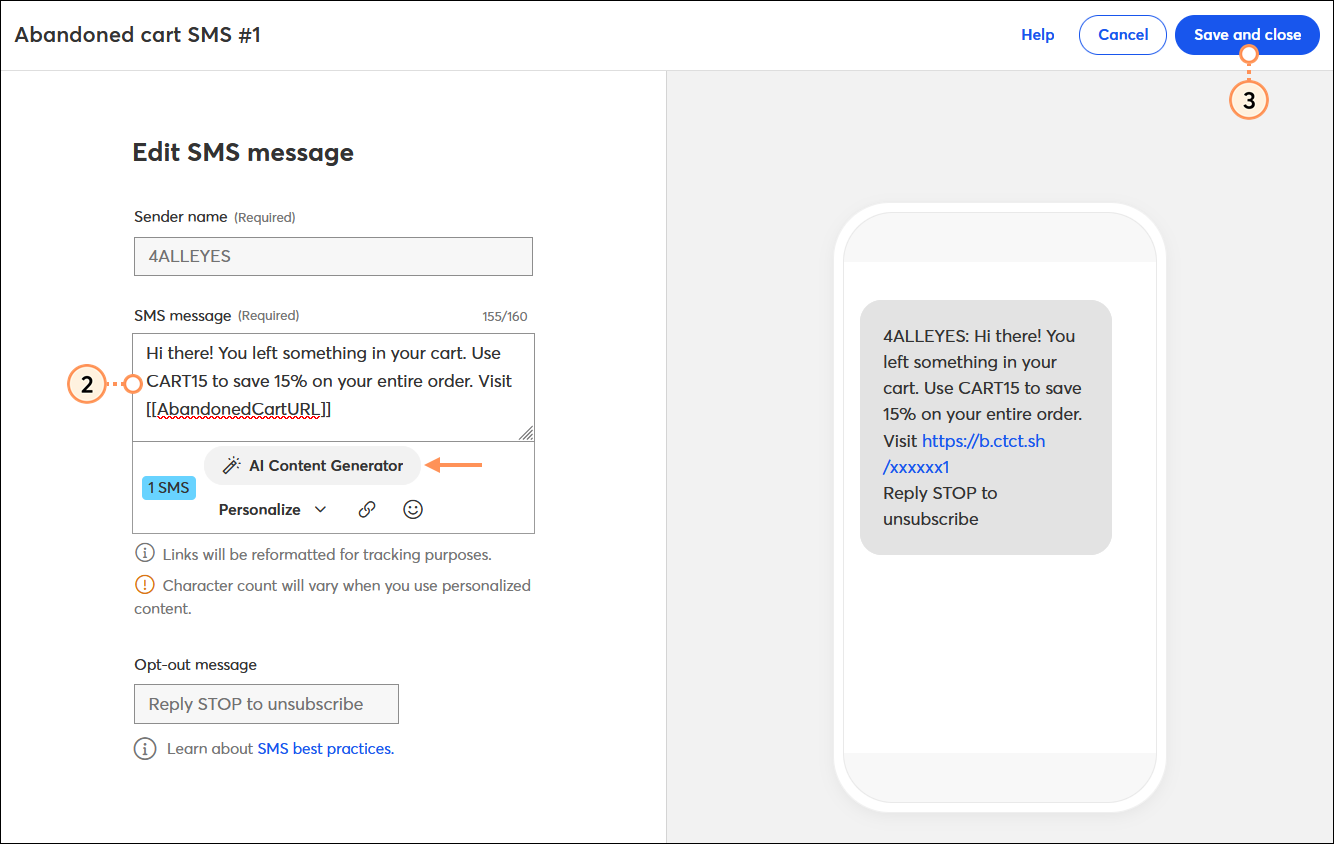 SMS message editor with example abandoned cart content and Save and close button