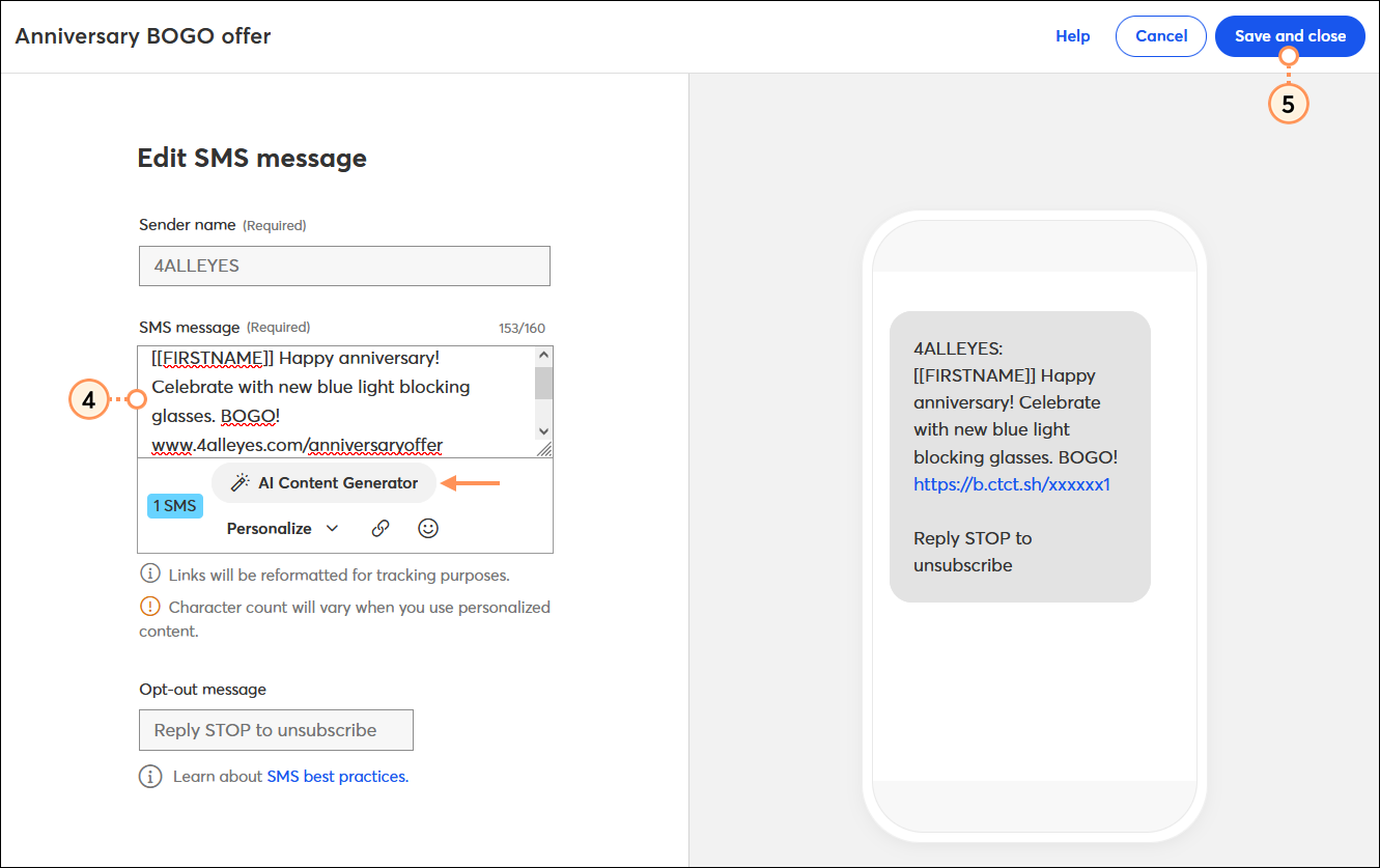SMS message editor with Anniversary content and Save and close button
