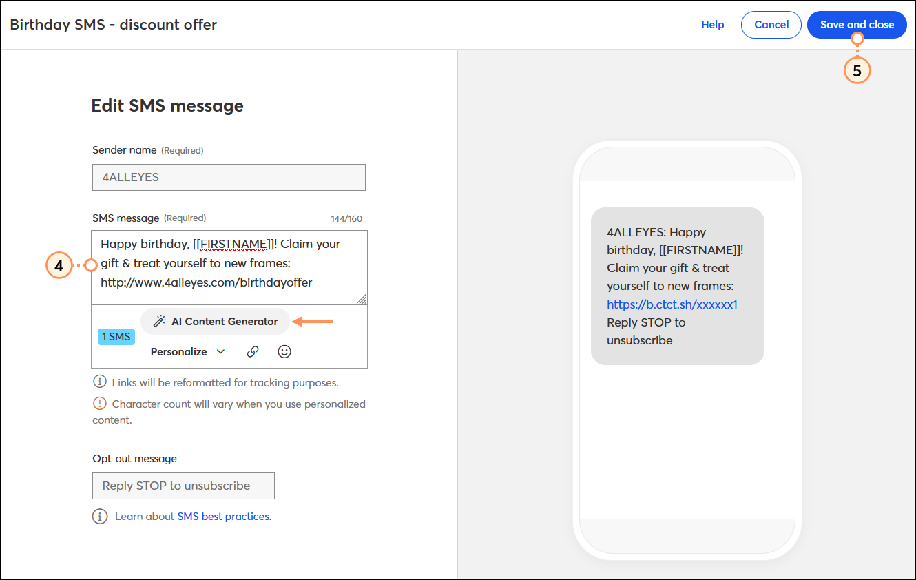 SMS message editor SMS message field with welcome message content and Save and close button