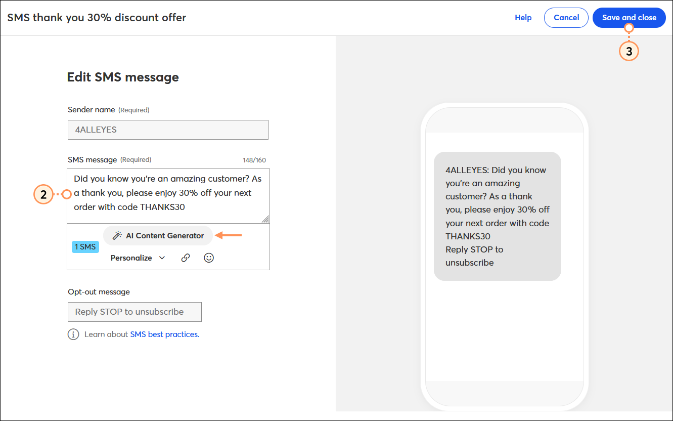 SMS editor with sample thank you content and Save and close button