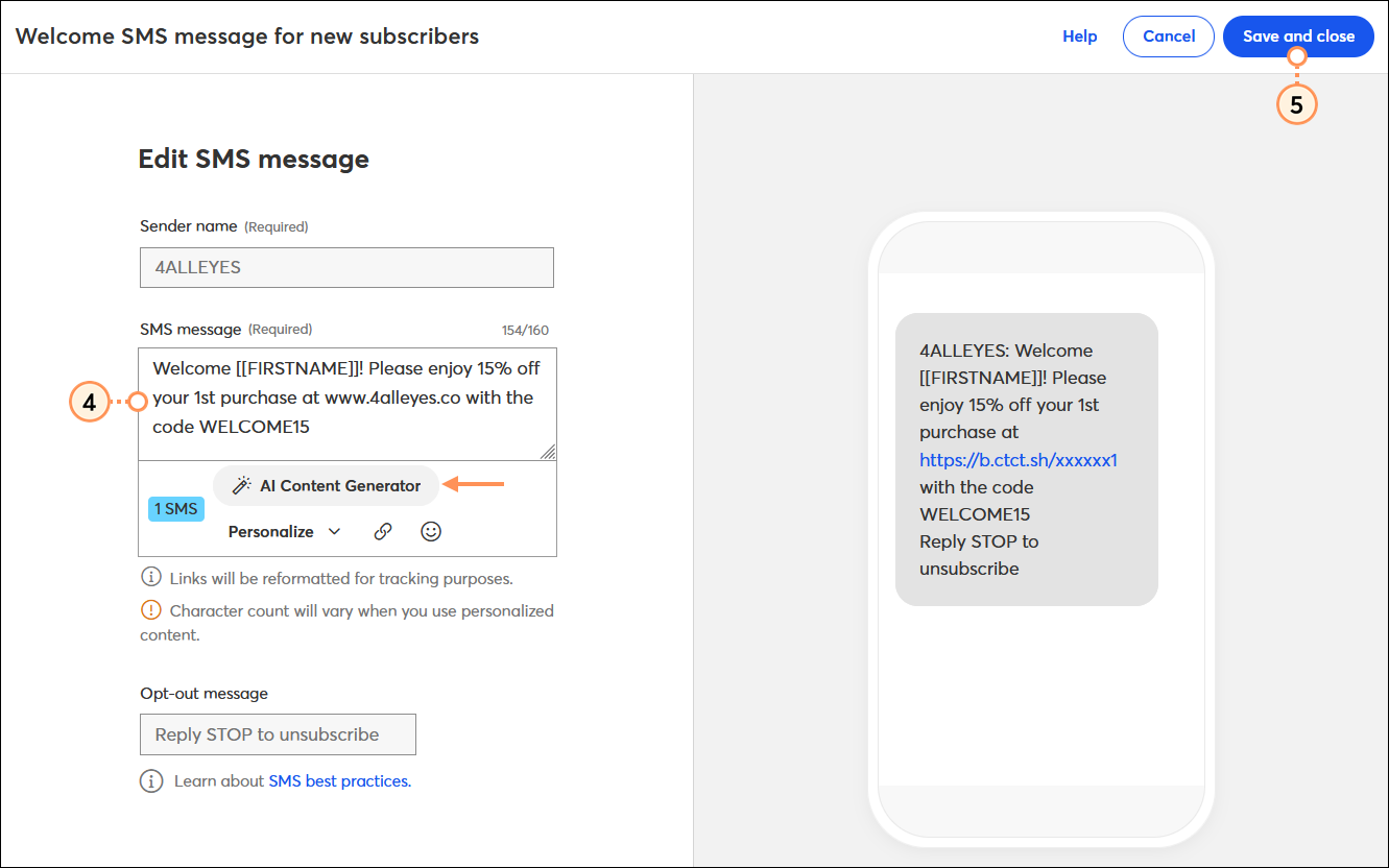 SMS message editor SMS message field with welcome message content and Save and close button