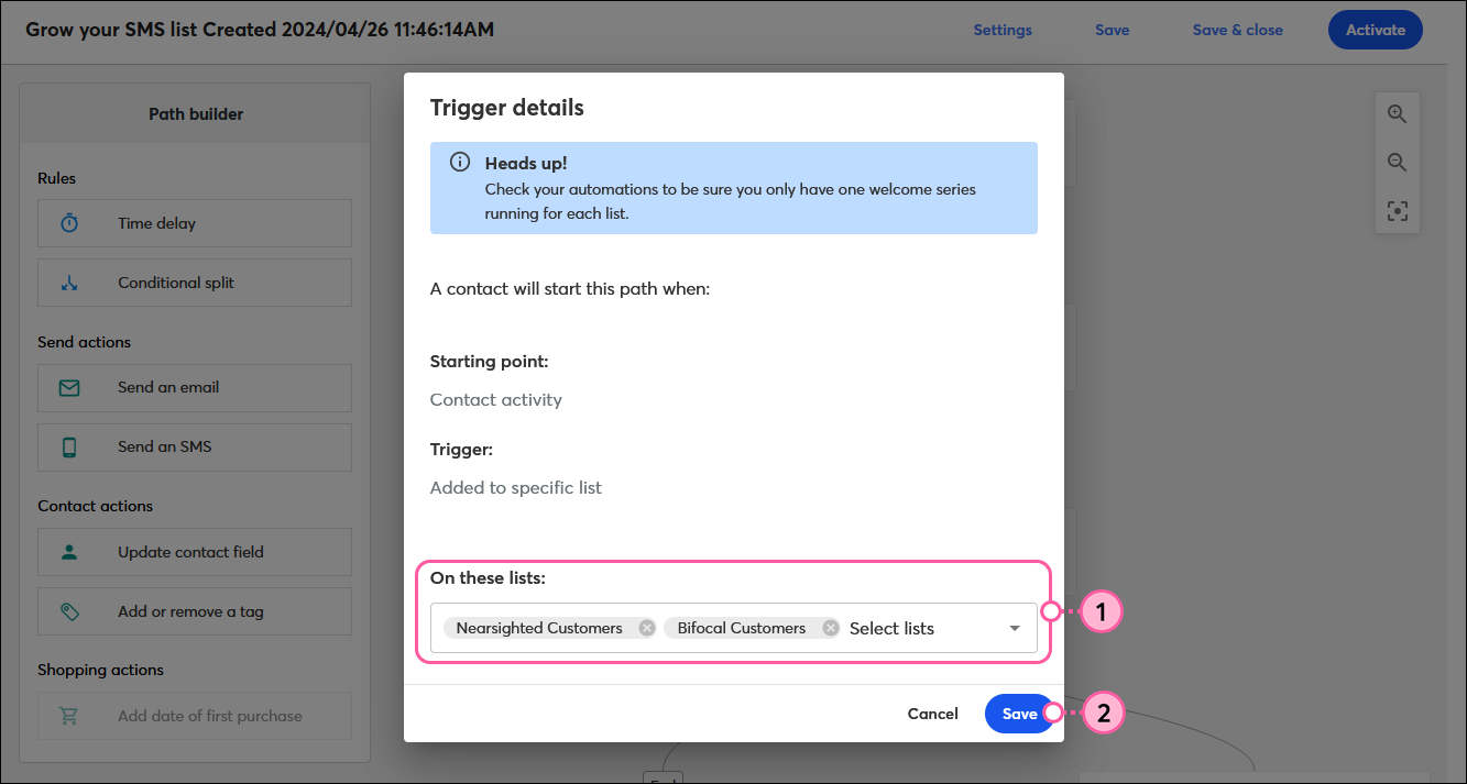 Trigger details overlay with Added to specific list trigger, Select lists drop-down menu with multiple lists selected, and Save button