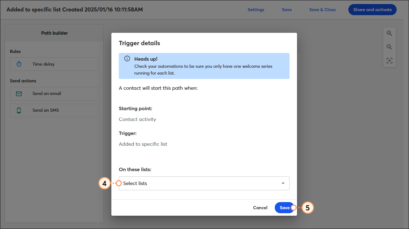 Automation Path Builder with Trigger details overlay for Added to specific list trigger, and On these lists option and Save button