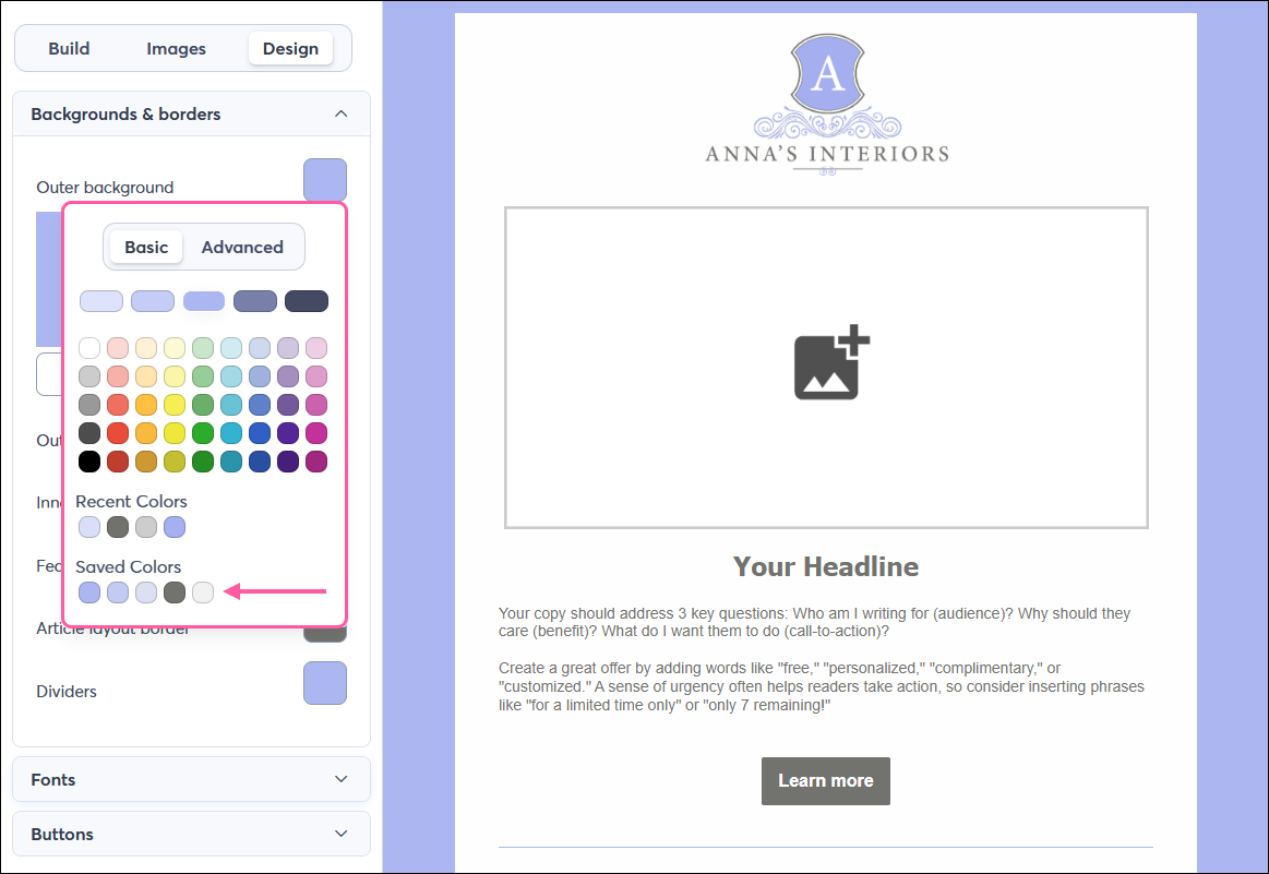 Email editor with Design tab selected and Backgrounds & borders section expanded, background and border options and color palette visible with Basic tab selected and Saved Colors options