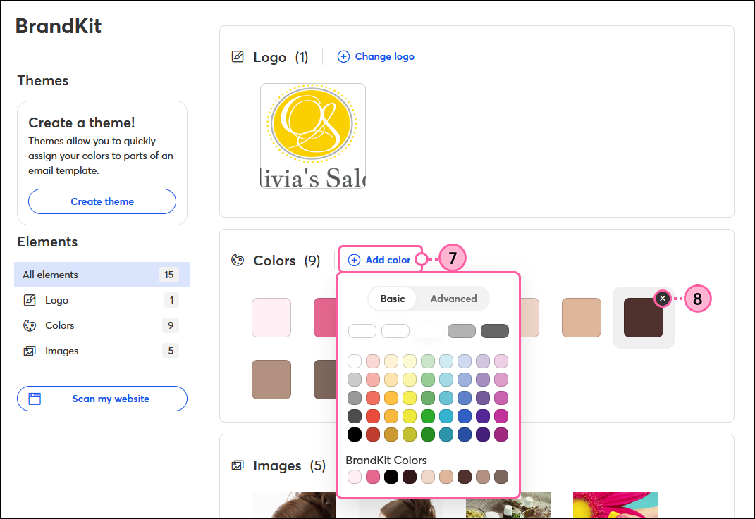 Importierte Website-Farben, Option Farbe hinzufügen mit Farbpalette und Option Farbe entfernen
