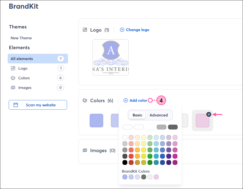 BrandKit dashboard with Colors section, + Add color button, Color palette expanded with Basic option selected, and color swatch with X (delete option) displayed