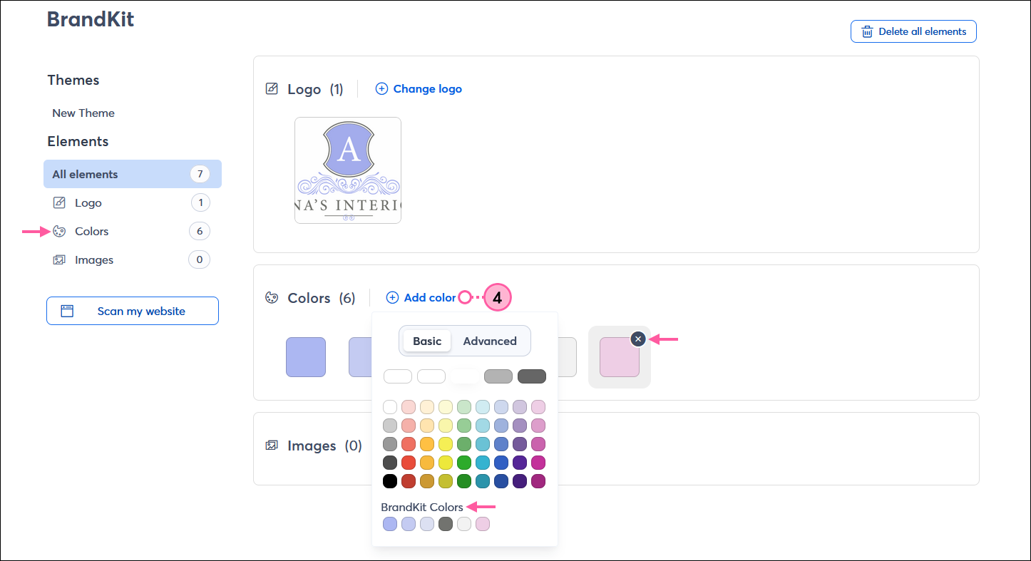 BrandKit dashboard with Colors section, + Add color button, Color palette expanded with Basic option selected, and color swatch with X (delete option) displayed